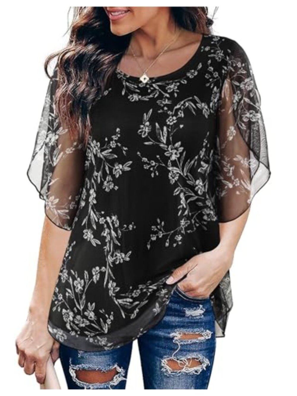 Women's Casual Chiffon Blouse Scoop Neck 3/4 Bell Sleeve Double Layer Flowy Top